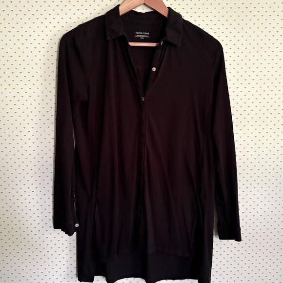 Eileen Fisher Button Down Tunic XS Black Shirt Top Capsule Minimalist Lagenlook - Picture 1 of 6
